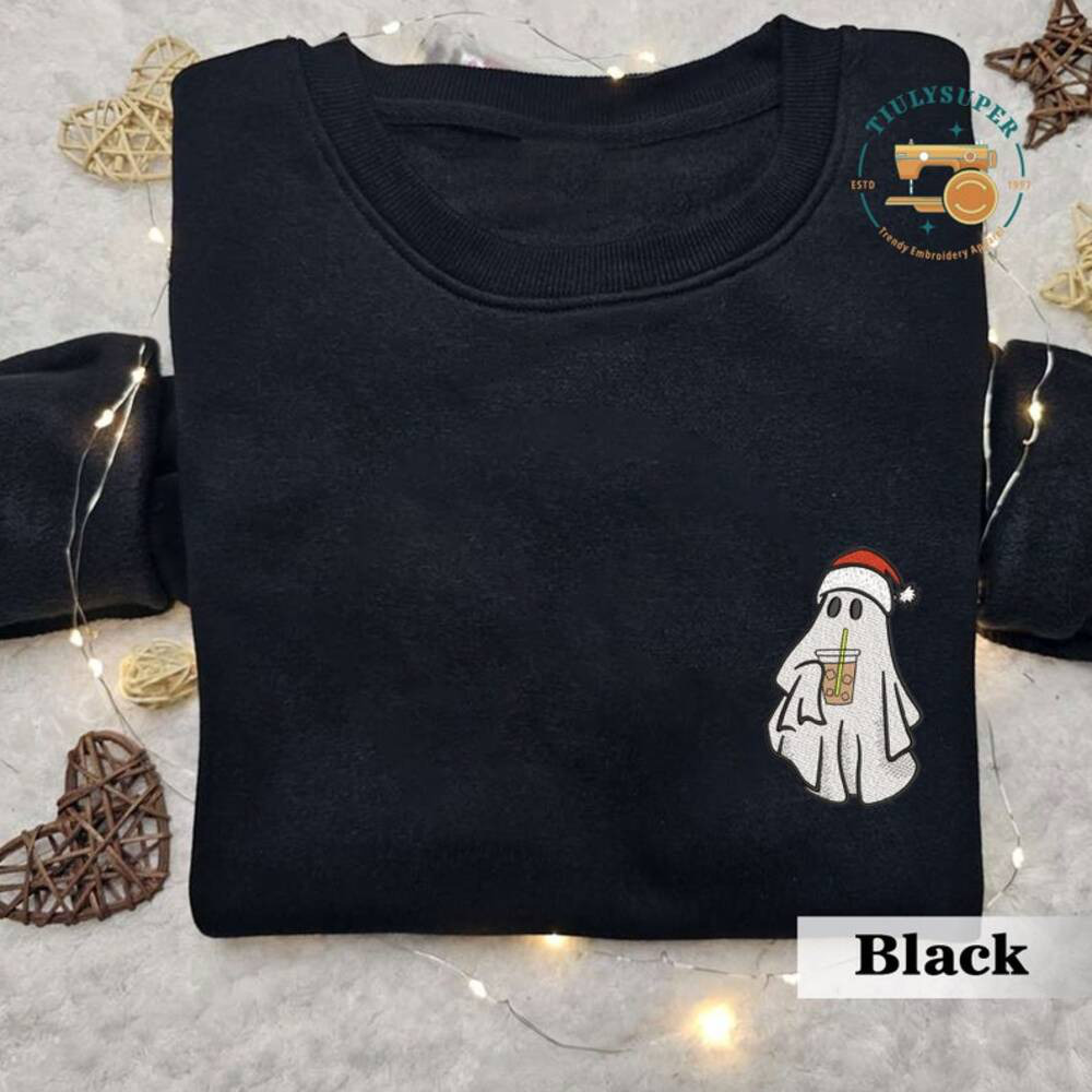 Christmas Ghost Drinking Coffee Embroidered Sweatshirt, Embroidered Ghost Shirt, Ghost Drinking Iced Coffee Shirt, Christmas Ghost Hoodie