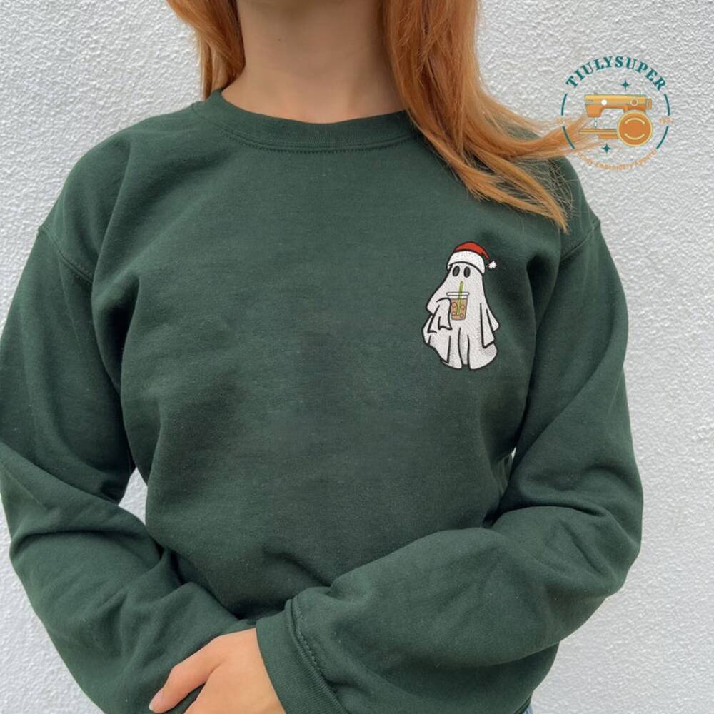 Christmas Ghost Drinking Coffee Embroidered Sweatshirt, Embroidered Ghost Shirt, Ghost Drinking Iced Coffee Shirt, Christmas Ghost Hoodie
