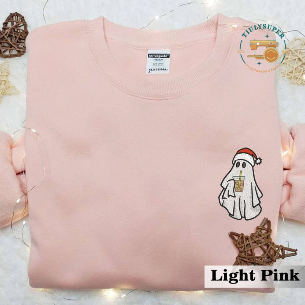 Christmas Ghost Drinking Coffee Embroidered Sweatshirt, Embroidered Ghost Shirt, Ghost Drinking Iced Coffee Shirt, Christmas Ghost Hoodie