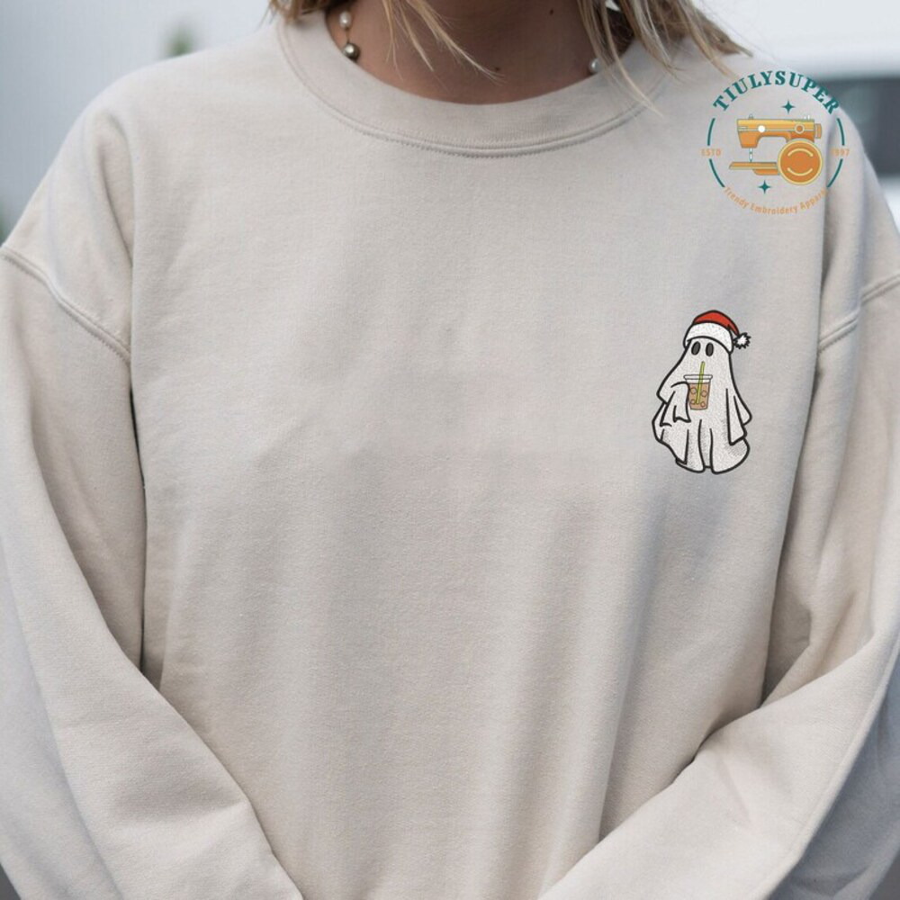Christmas Ghost Drinking Coffee Embroidered Sweatshirt, Embroidered Ghost Shirt, Ghost Drinking Iced Coffee Shirt, Christmas Ghost Hoodie