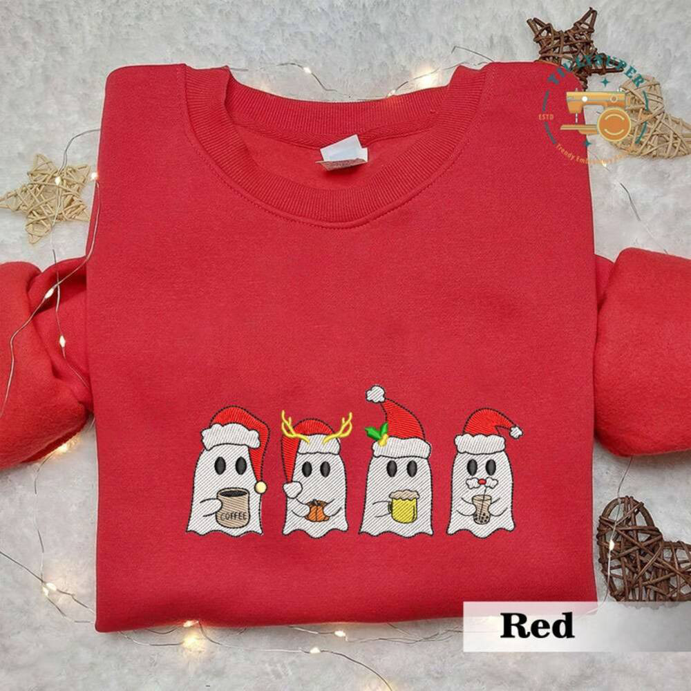Embroidered Christmas Spooky Coffeee Sweatshirt, Christmas Spooky Season Sweater, Spooky Embroidered Sweatshirt, Ghost Embroidered Shirt
