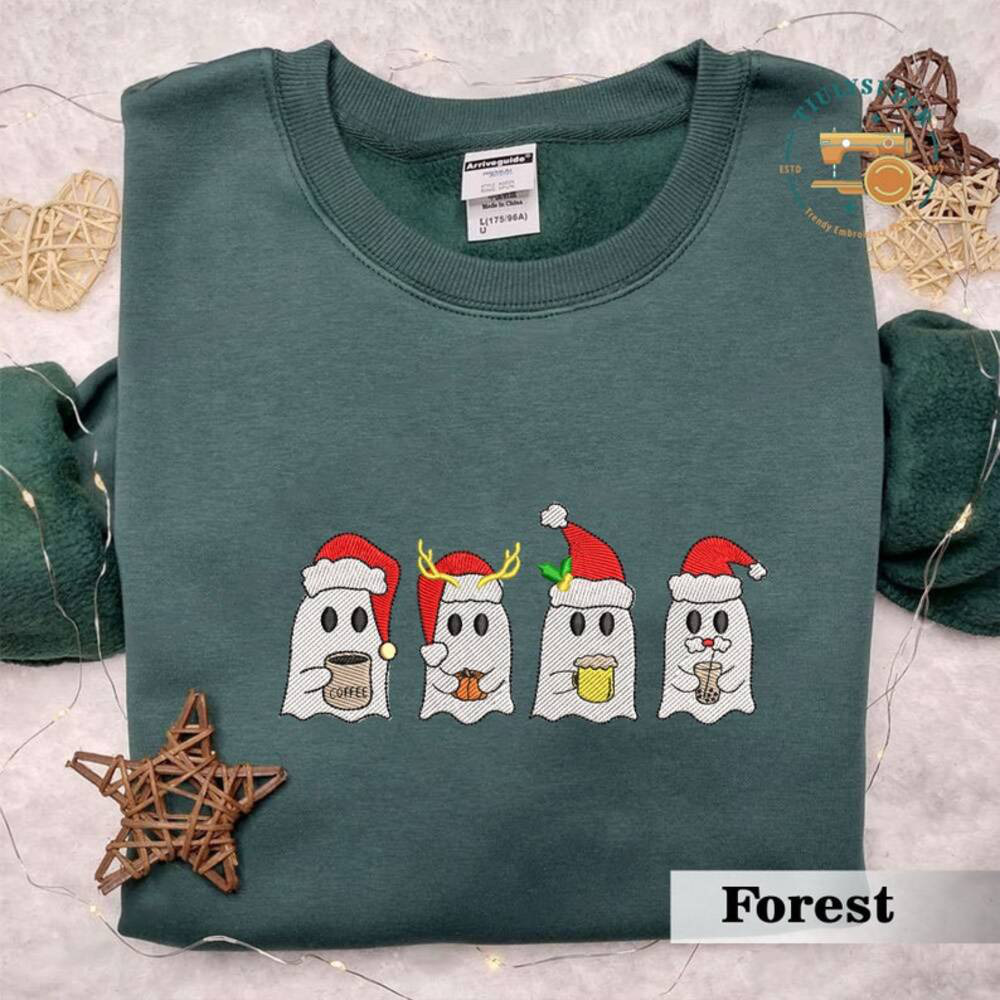 Embroidered Christmas Spooky Coffeee Sweatshirt, Christmas Spooky Season Sweater, Spooky Embroidered Sweatshirt, Ghost Embroidered Shirt