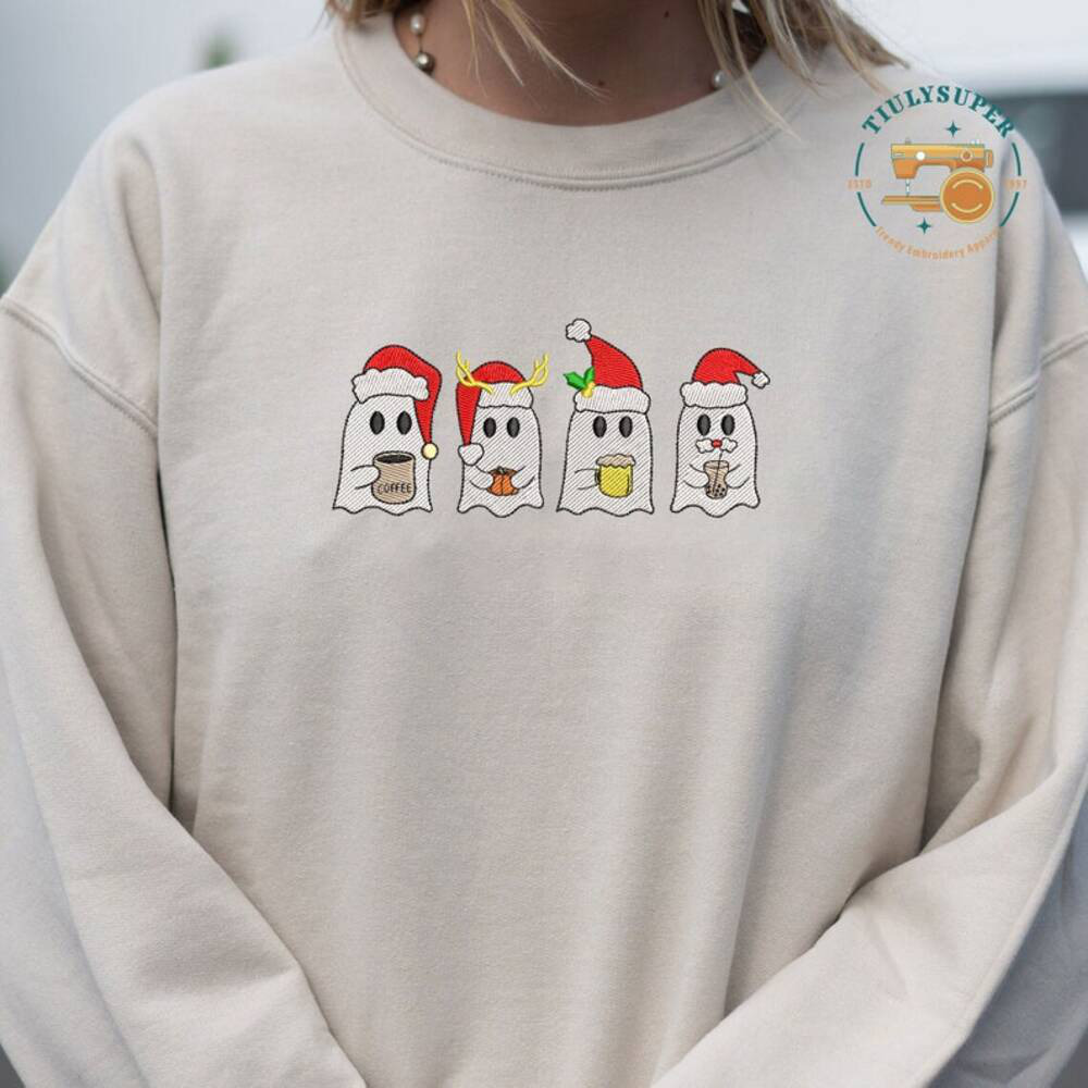 Embroidered Christmas Spooky Coffeee Sweatshirt, Christmas Spooky Season Sweater, Spooky Embroidered Sweatshirt, Ghost Embroidered Shirt
