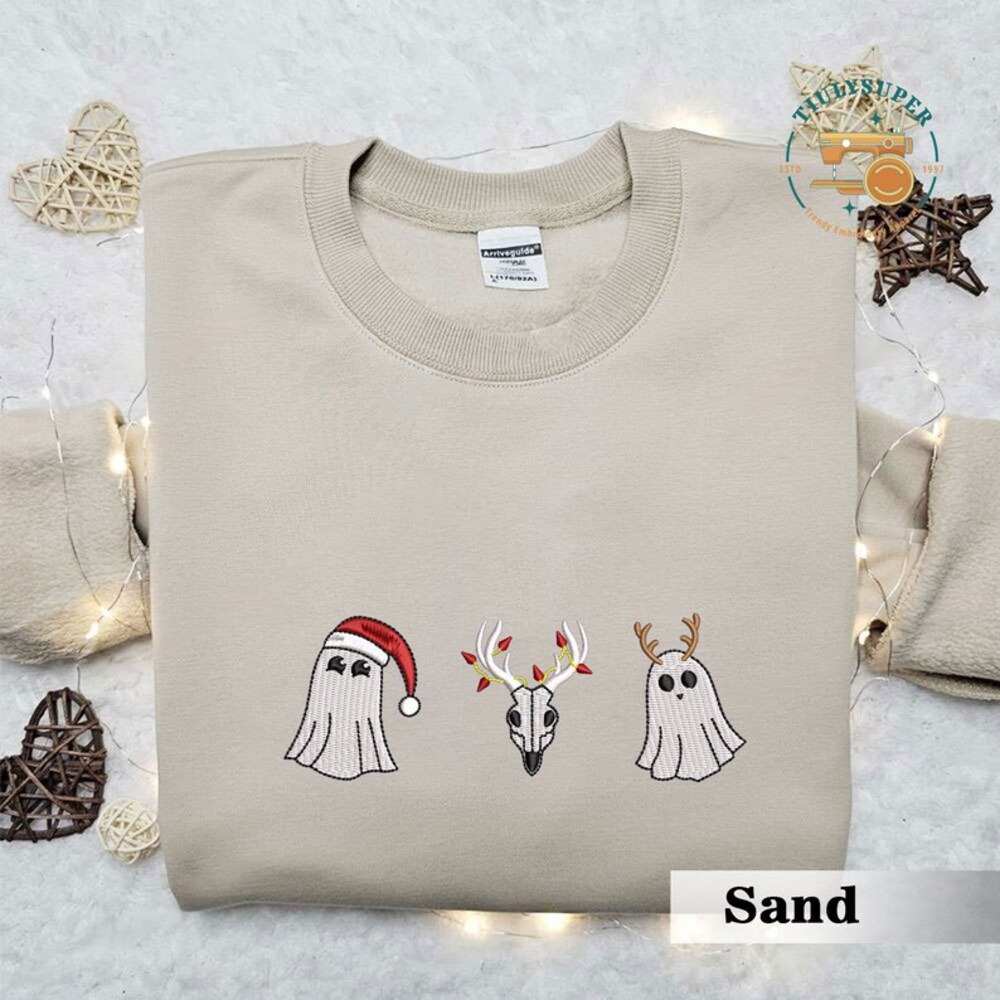 Embroidered Christmas Spooky Sweatshirt, Christmas Spooky Season Sweater, Spooky Embroidered Sweatshirt, Ghost Embroidered Shirt