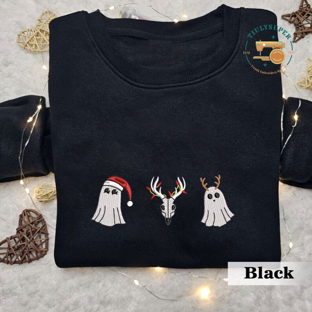 Embroidered Christmas Spooky Sweatshirt, Christmas Spooky Season Sweater, Spooky Embroidered Sweatshirt, Ghost Embroidered Shirt