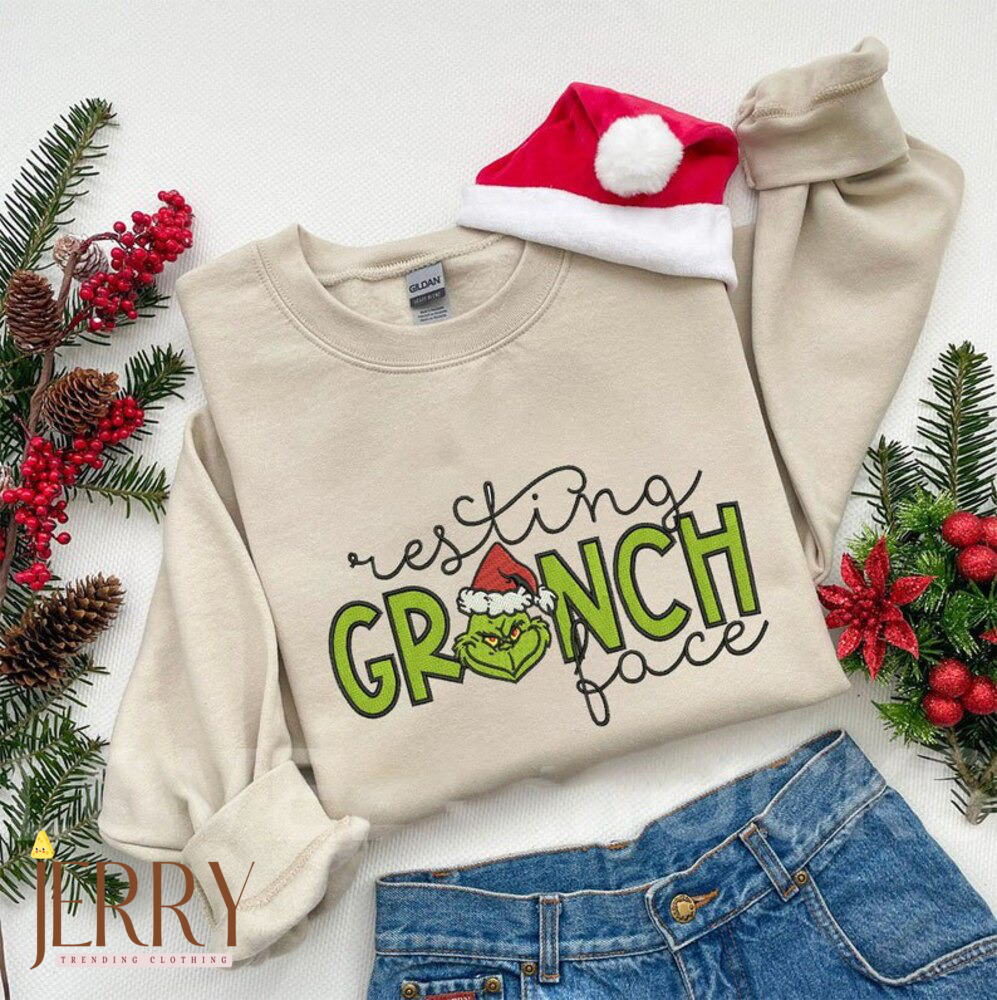 Resting Grinch Face Christmas Embroidered Sweatshirt, Funny Christmas Grinch