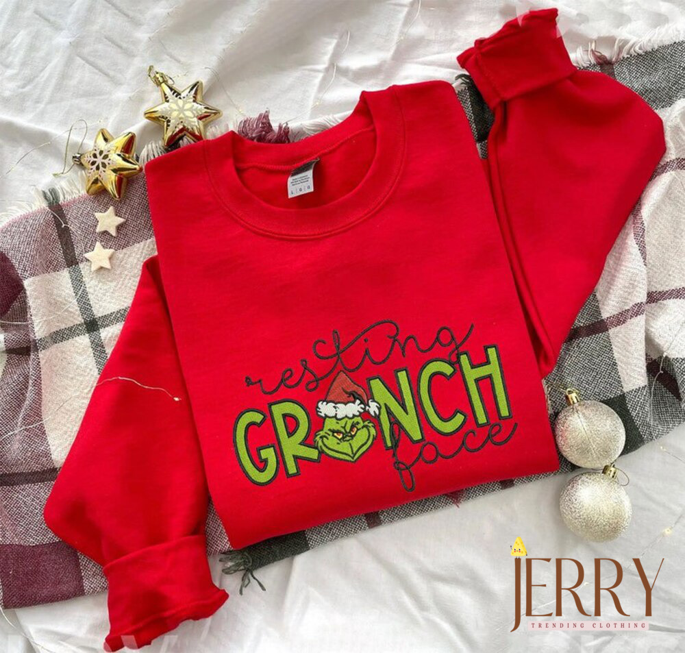 Resting Grinch Face Christmas Embroidered Sweatshirt, Funny Christmas Grinch
