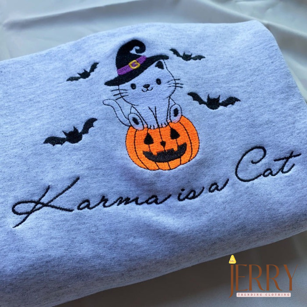 Taylor Swift Karma is a Cat Embroidered Halloween Sweatshirt