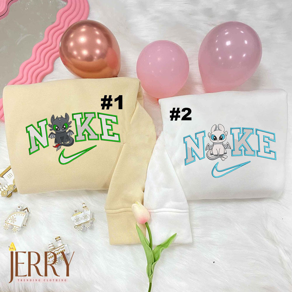 Toothless and Light Fury Disney Nike Embroidered Sweatshirt, Couples Embroidered Hoodies