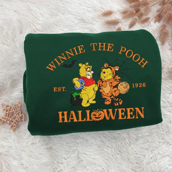 Halloween Pooh and Tigger Embroidered Sweatshirt, Winnie-the-Pooh and Tigger Cartoon Shirt, Halloween Embroidered Shirt