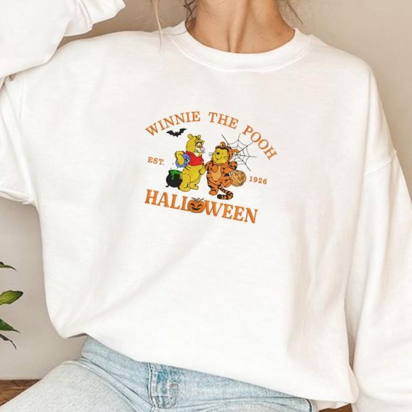 Halloween Pooh and Tigger Embroidered Sweatshirt, Winnie-the-Pooh and Tigger Cartoon Shirt, Halloween Embroidered Shirt