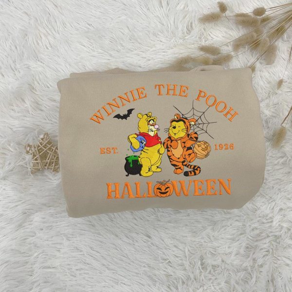 Halloween Pooh and Tigger Embroidered Sweatshirt, Winnie-the-Pooh and Tigger Cartoon Shirt, Halloween Embroidered Shirt