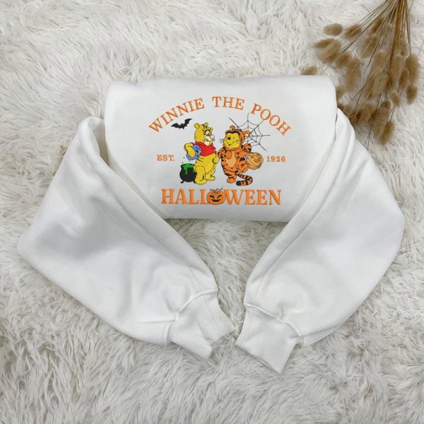 Halloween Pooh and Tigger Embroidered Sweatshirt, Winnie-the-Pooh and Tigger Cartoon Shirt, Halloween Embroidered Shirt